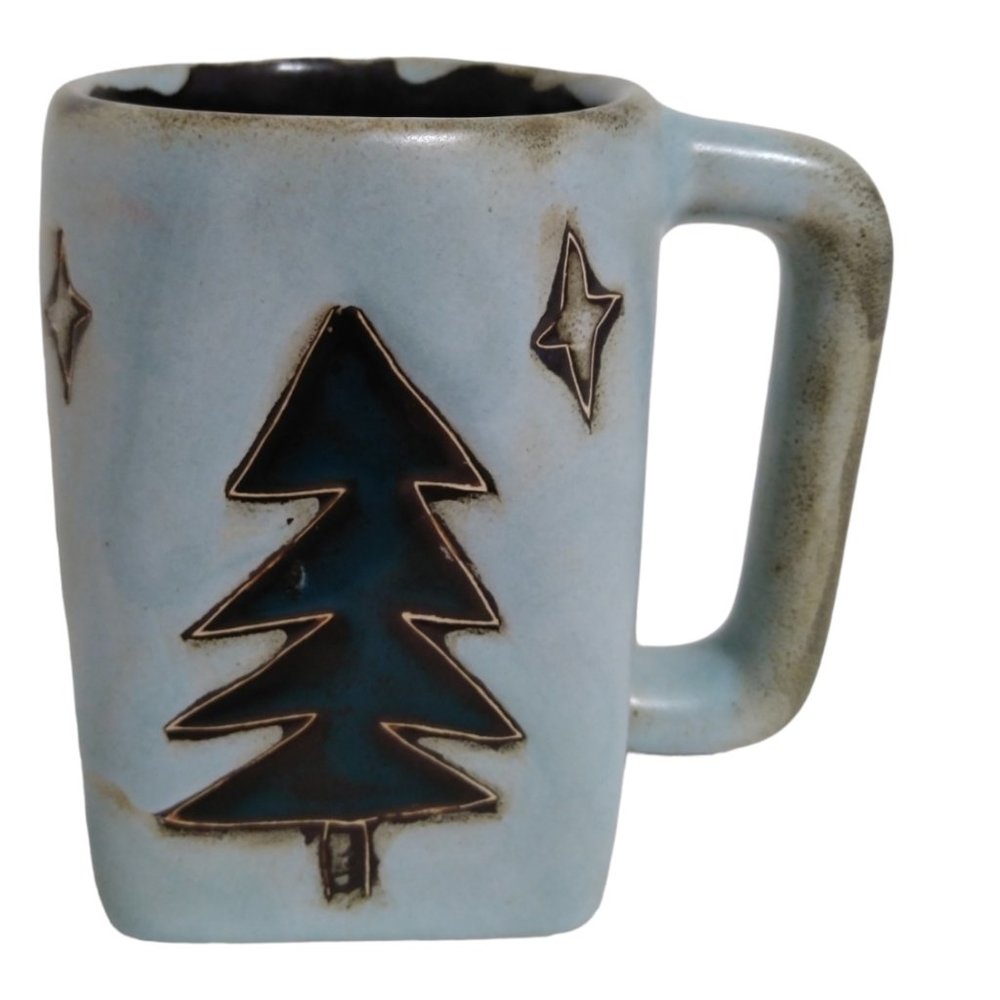 Mara Mexico Coffee Mug Pottery Square Bottom Round Top Thick Trees Stars Forest